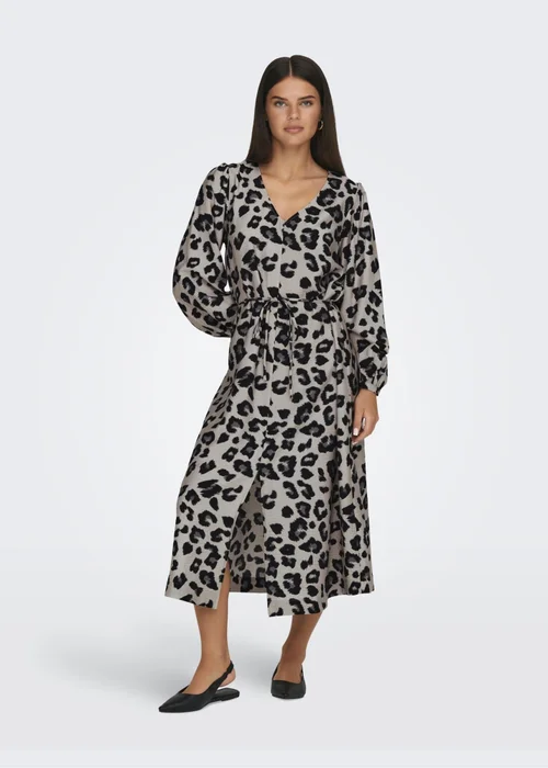 JDY Beige Animal Print Wrap Midi Dress - Size 8 Image 3