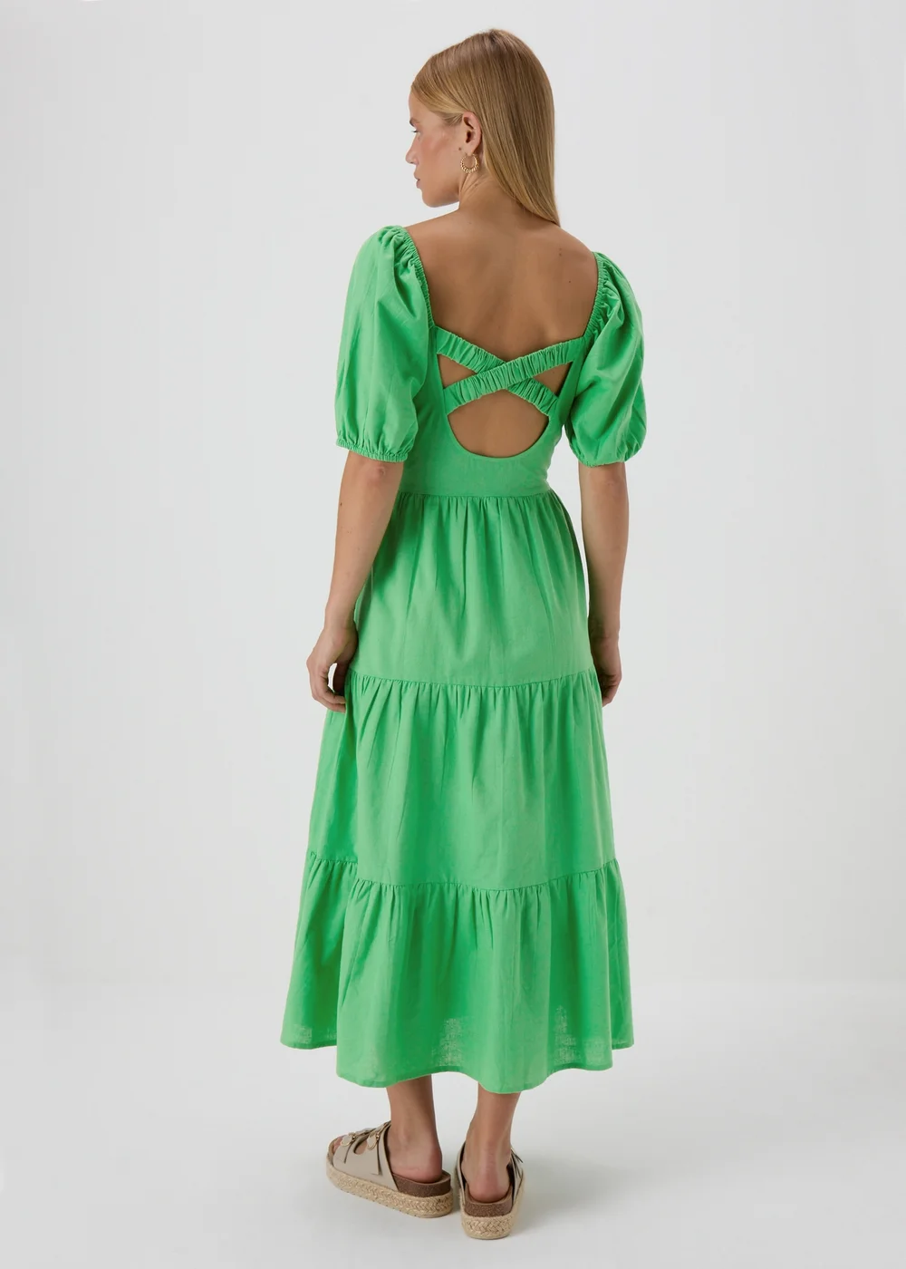 Green Linen Blend Tiered Dress - 8 Image 2