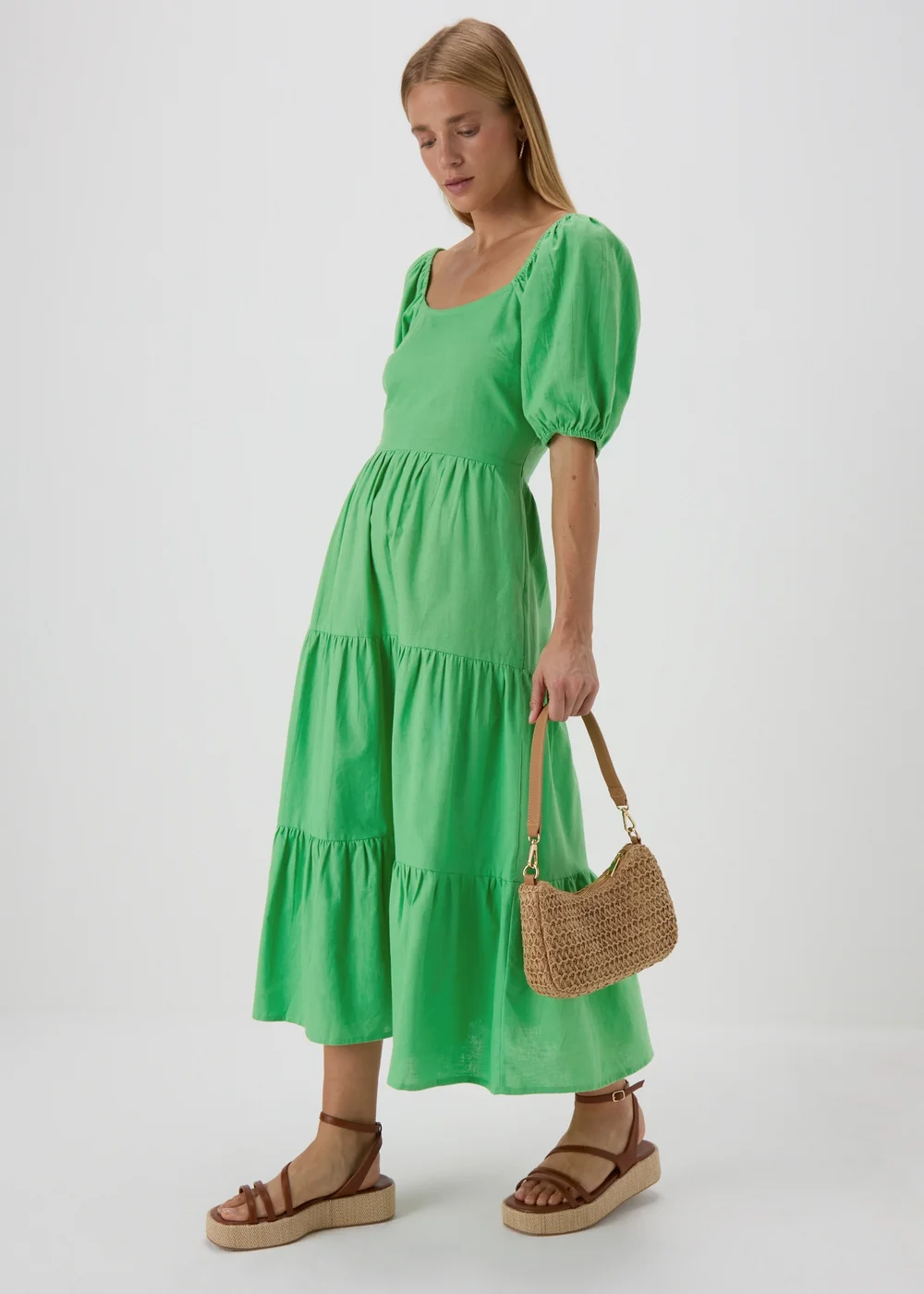 Green Linen Blend Tiered Dress - 8 Image 4