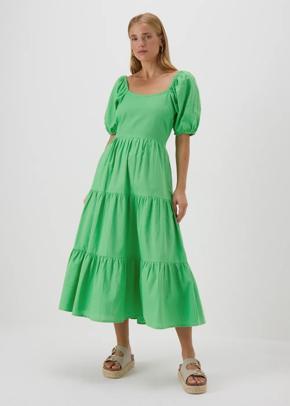 Green Linen Blend Tiered Dress - 8 Image 1