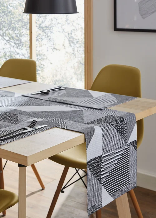 Catherine Lansfield Grey Larsson Geo Cotton Dining Table Runner (32x220 cm) - Large Image 3