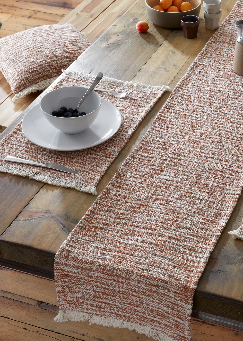 Pineapple Elephant Terracotta Textured Frayed Edge Cotton Dining Table Runner (33x220 cm) - Large Image 2