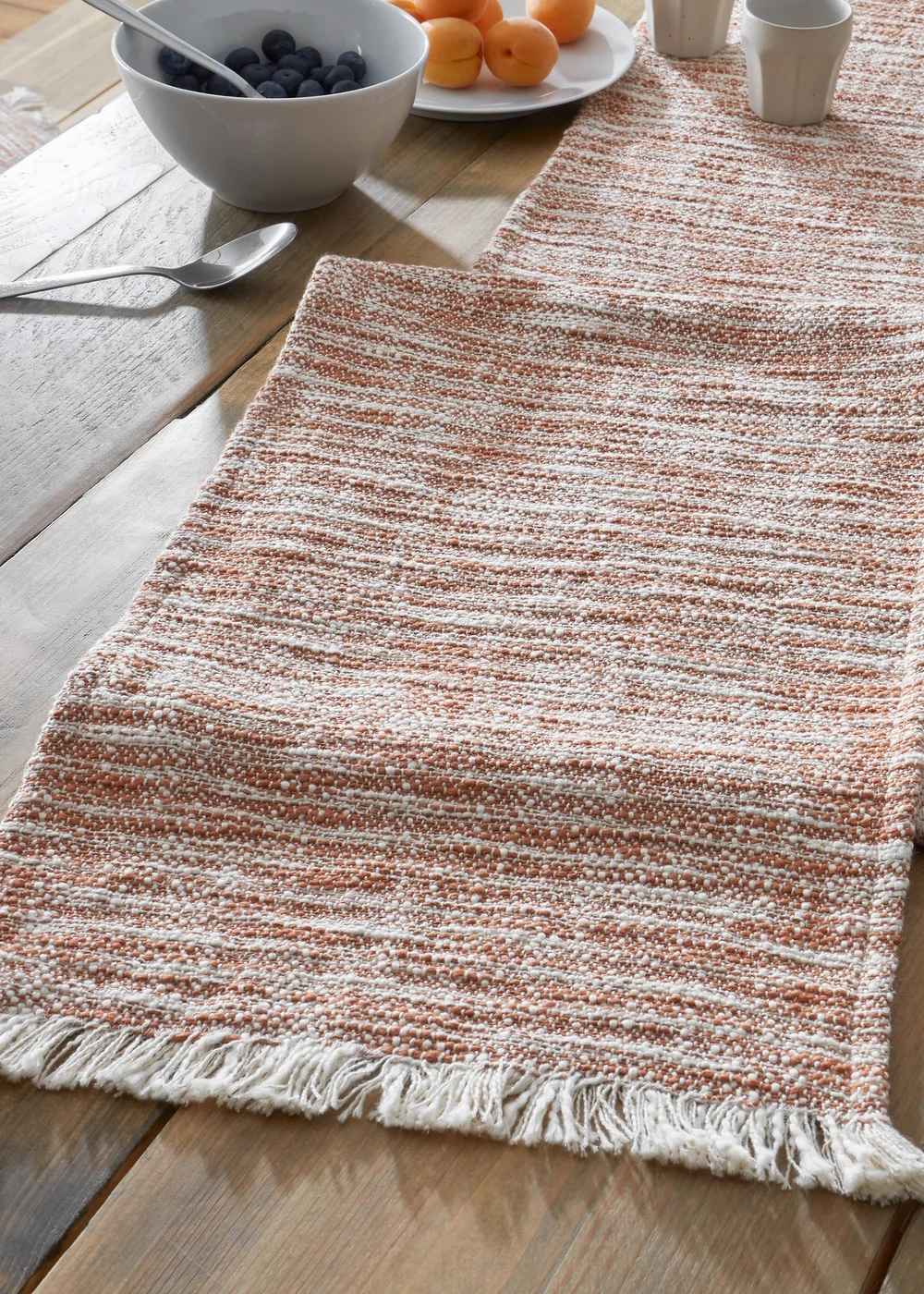Pineapple Elephant Terracotta Textured Frayed Edge Cotton Dining Table Runner (33x220 cm) - Large Image 3