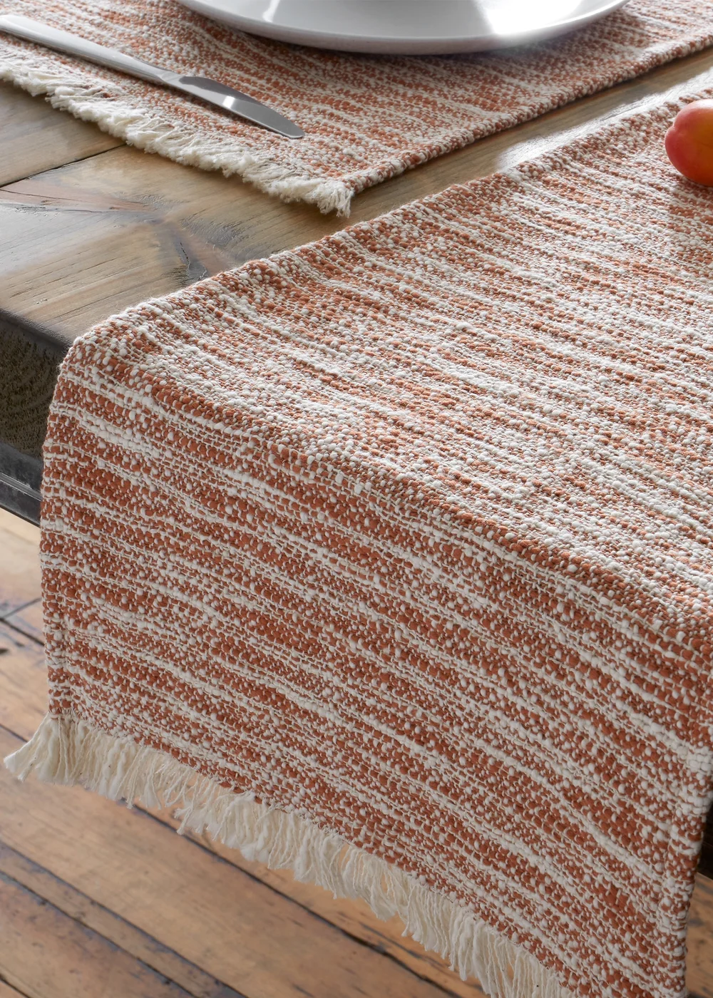 Pineapple Elephant Terracotta Textured Frayed Edge Cotton Dining Table Runner (33x220 cm) - Large Image 4