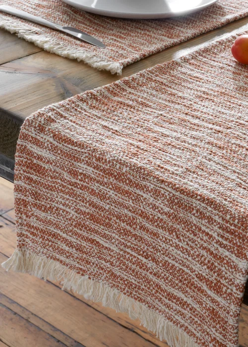 Pineapple Elephant Terracotta Textured Frayed Edge Cotton Dining Table Runner (33x220 cm) - Large Image 4