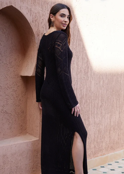 Threadbare Black Linus Lined Long Sleeve Crochet Maxi Dress - Size 12 Image 2