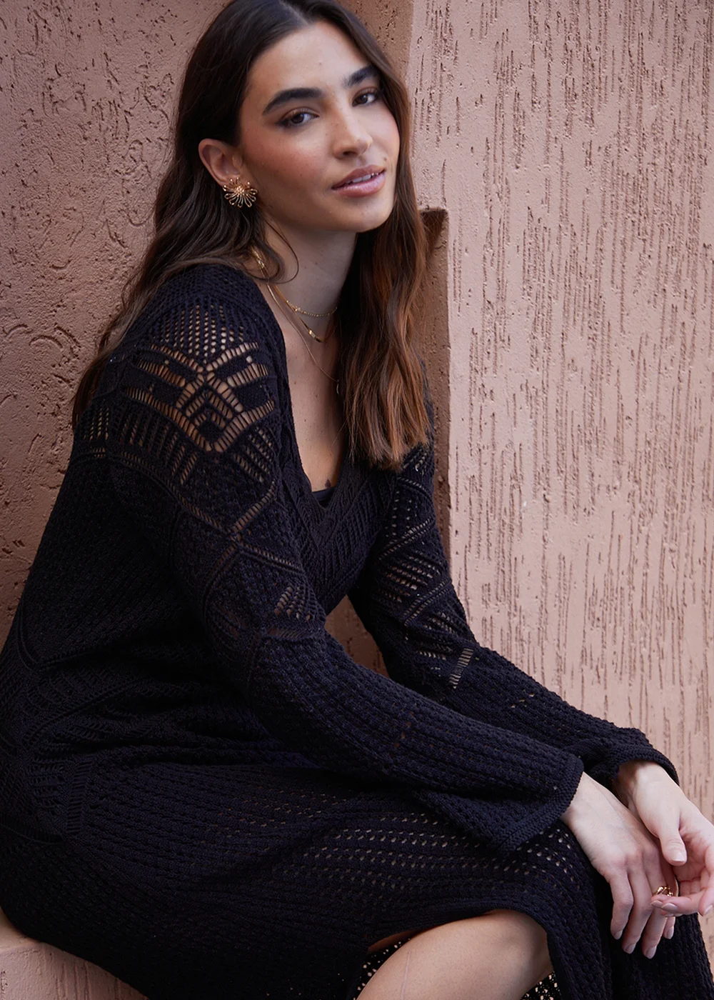 Threadbare Black Linus Lined Long Sleeve Crochet Maxi Dress - Size 12 Image 4