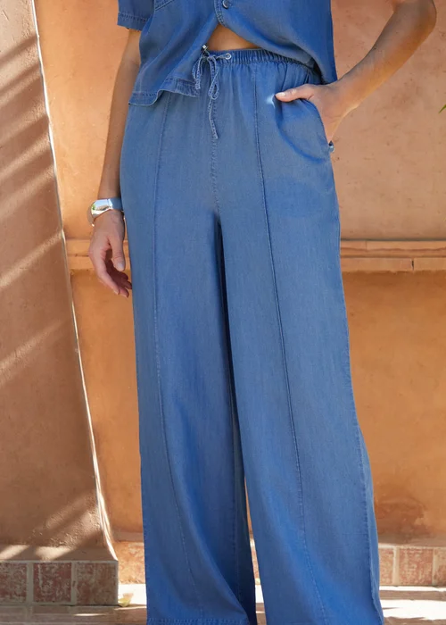 Threadbare Light Blue Pool Elasticated Waist Wide Leg Chambray Trousers - 8 Image 2
