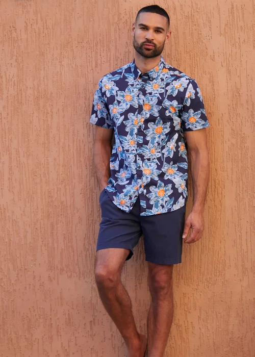 Threadbare Navy Cotton Tropical Print Short Sleeve Shirt - S Image 3