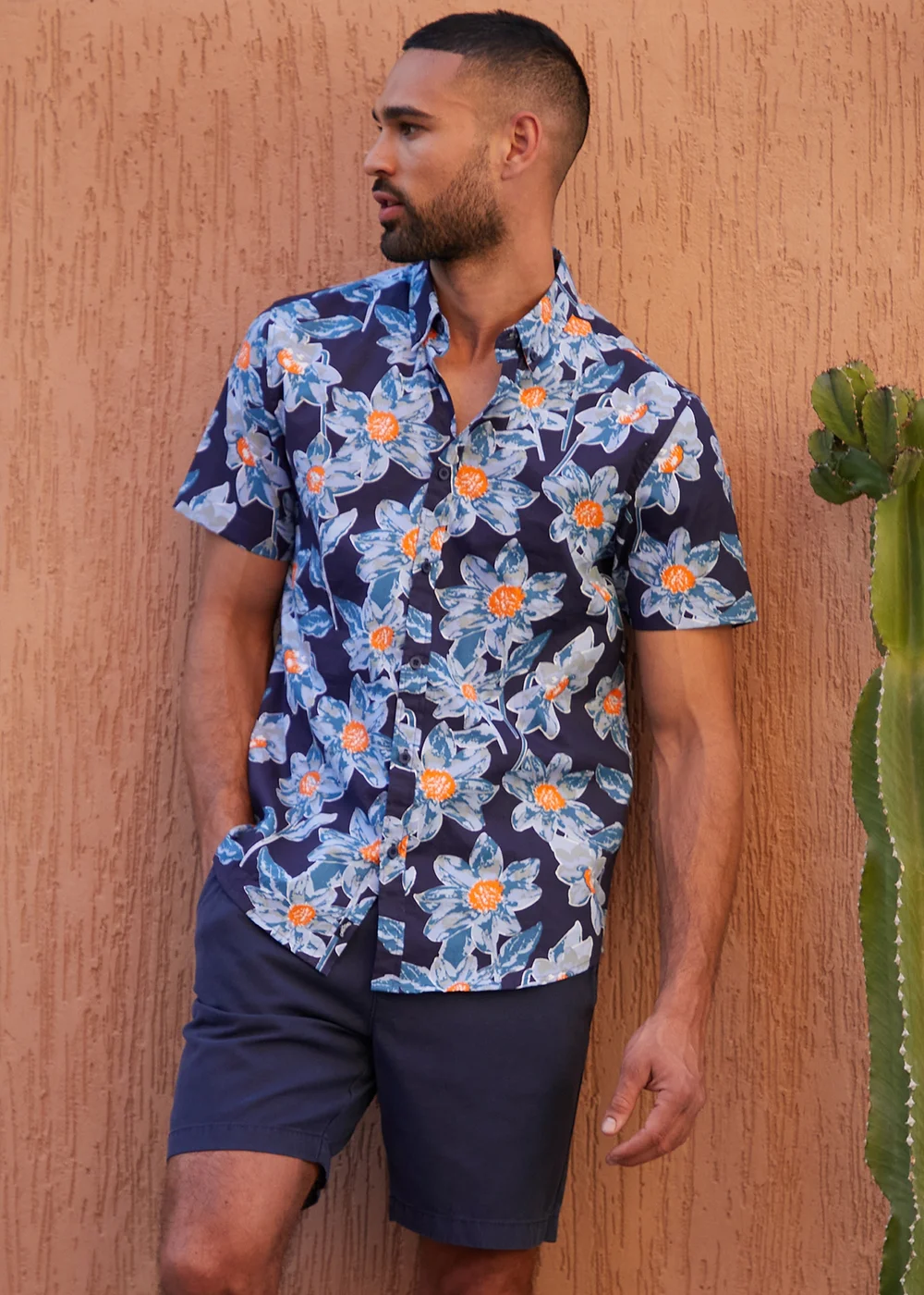 Threadbare Navy Cotton Tropical Print Short Sleeve Shirt - S Image 1
