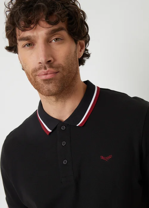 Threadbare Black Herringbone Tipping Cotton Pique Polo Shirt - M Image 3