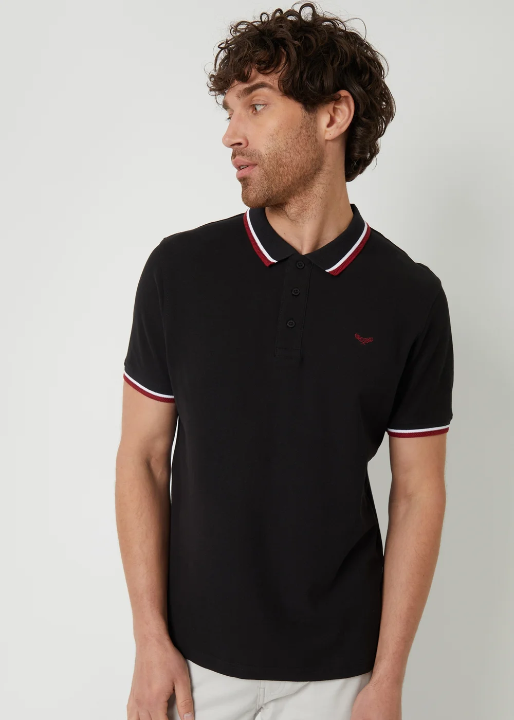 Threadbare Black Herringbone Tipping Cotton Pique Polo Shirt - M Image 1