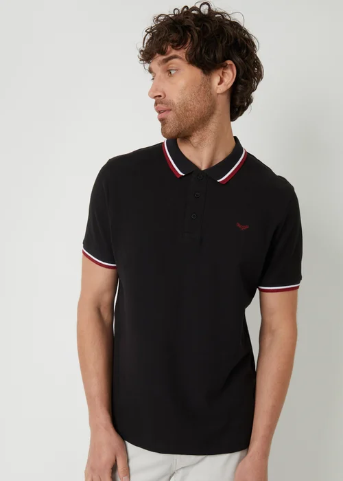 Threadbare Black Herringbone Tipping Cotton Pique Polo Shirt - M Image 1