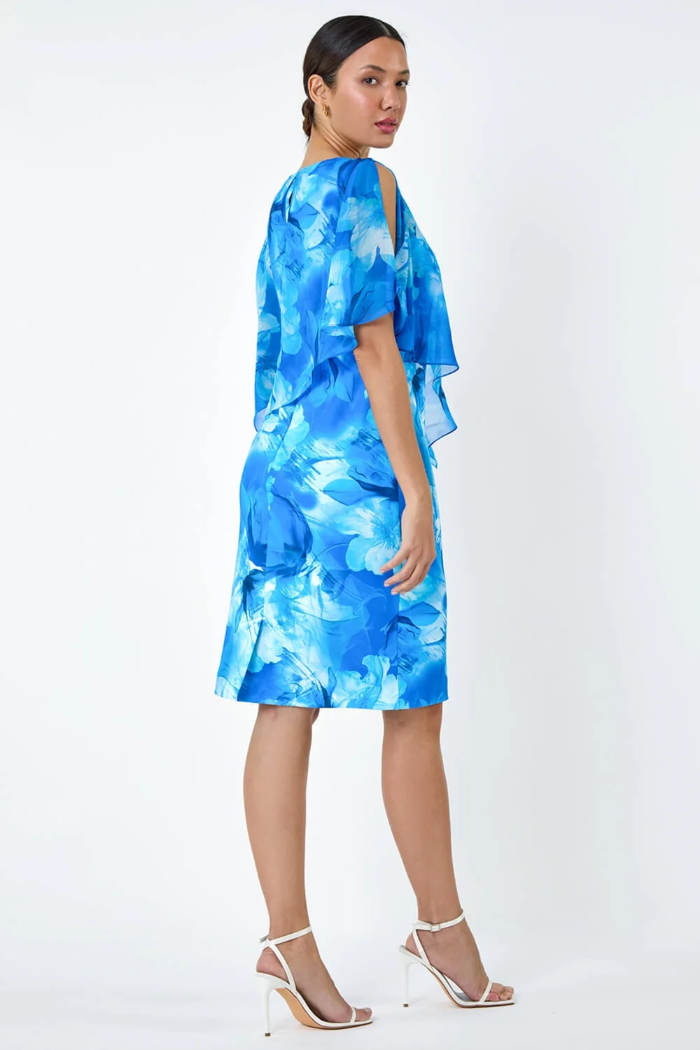 Roman Blue Floral Chiffon Asymmetric Overlay Dress - 20 Image 3