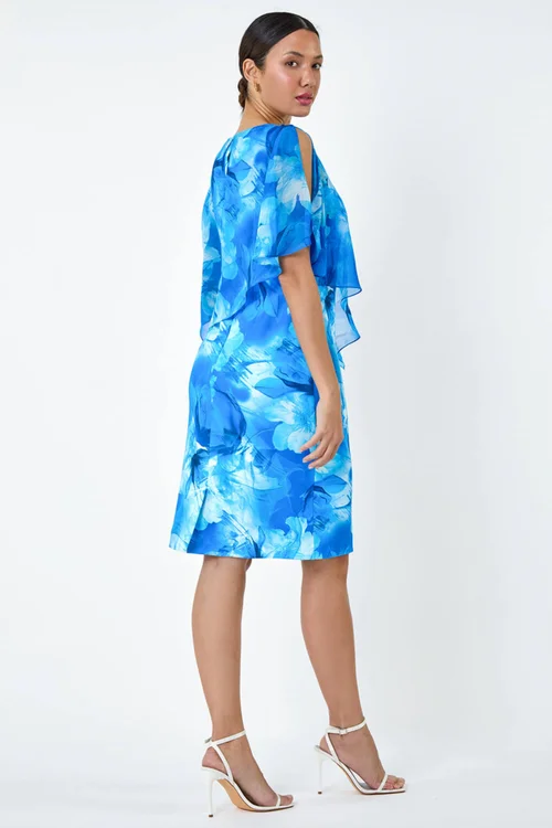 Roman Blue Floral Chiffon Asymmetric Overlay Dress - 20 Image 3