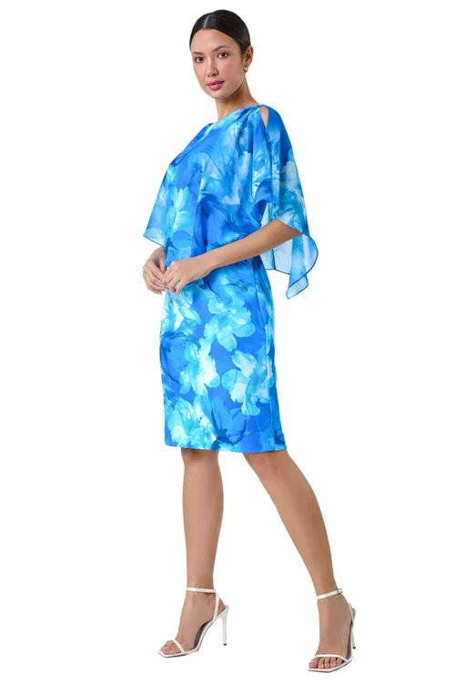 Roman Blue Floral Chiffon Asymmetric Overlay Dress - 20 Image 2