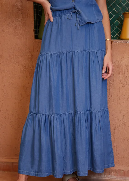 Threadbare Light Blue Seed Tiered Chambray Midi Skirt - Size 8 Image 1