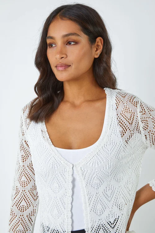 Roman Ivory Knitted Crochet Shimmer Shrug - 6 Image 4
