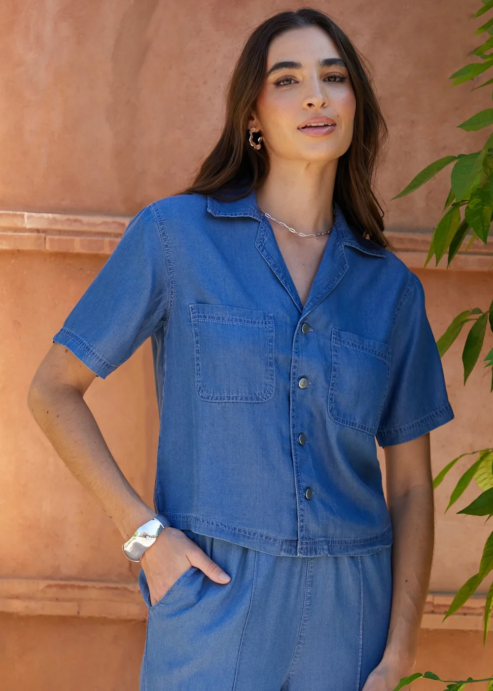 Threadbare Light Blue Water Cropped Chambray Shirt - 8 Image 1