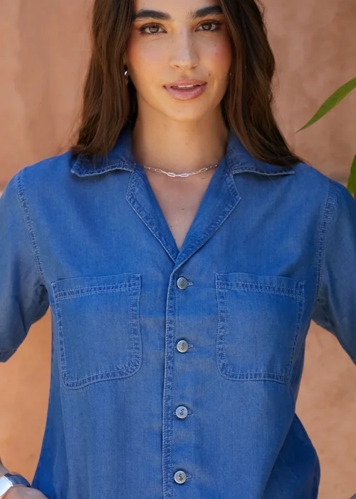 Threadbare Light Blue Water Cropped Chambray Shirt - 8 Image 3