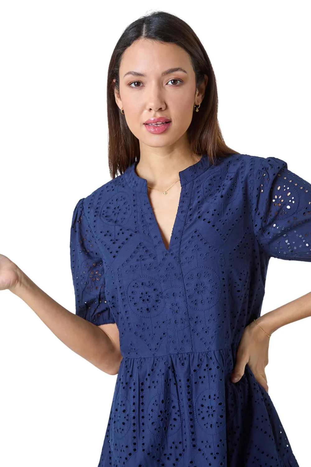Roman Navy Embroidered Tiered Cotton Smock Dress - 10 Image 1