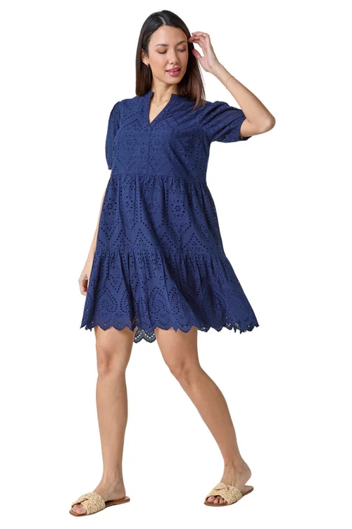 Roman Navy Embroidered Tiered Cotton Smock Dress - 10 Image 2
