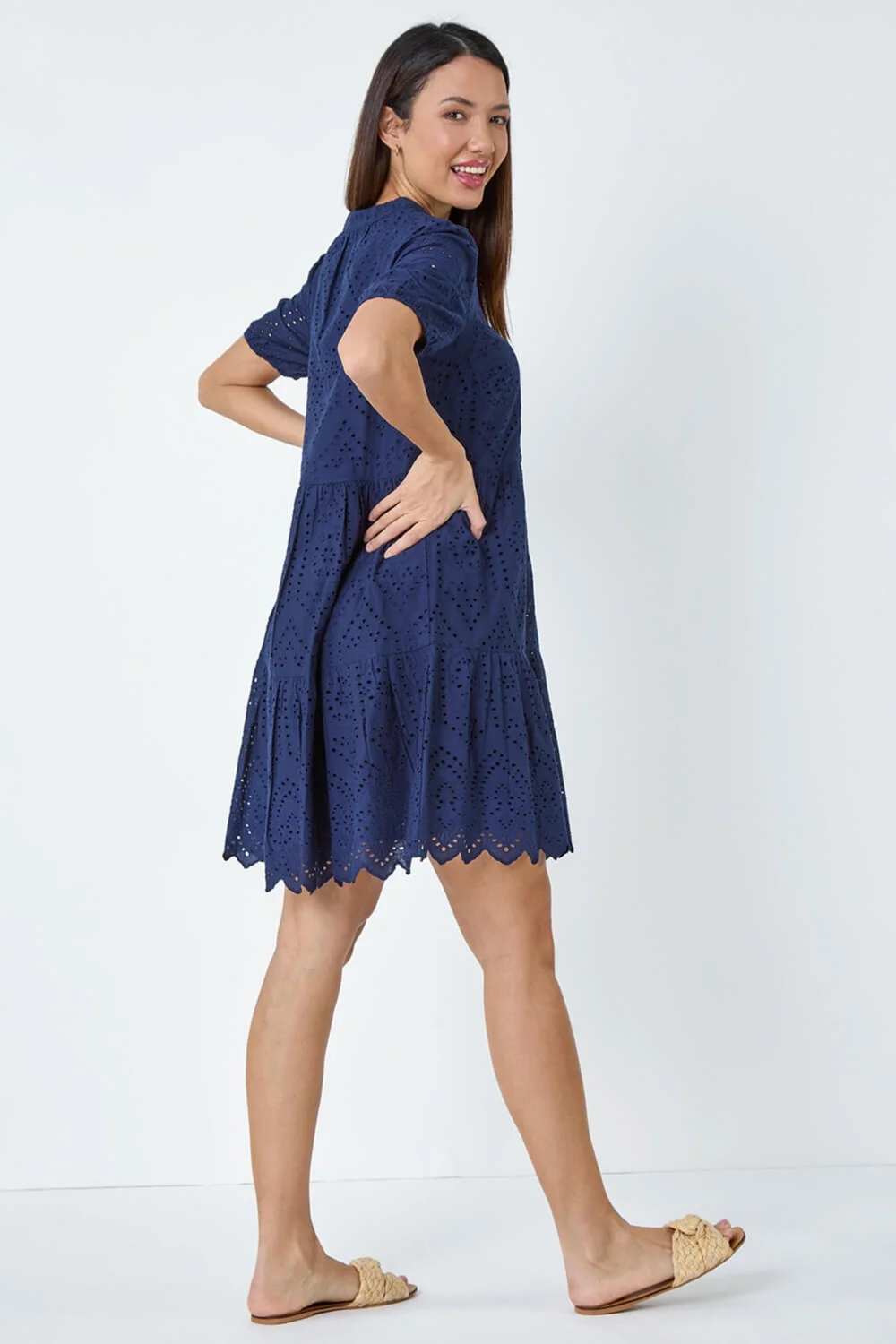 Roman Navy Embroidered Tiered Cotton Smock Dress - 10 Image 4