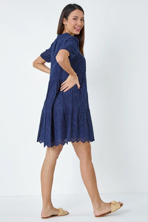 Roman Navy Embroidered Tiered Cotton Smock Dress - 10 Image 4