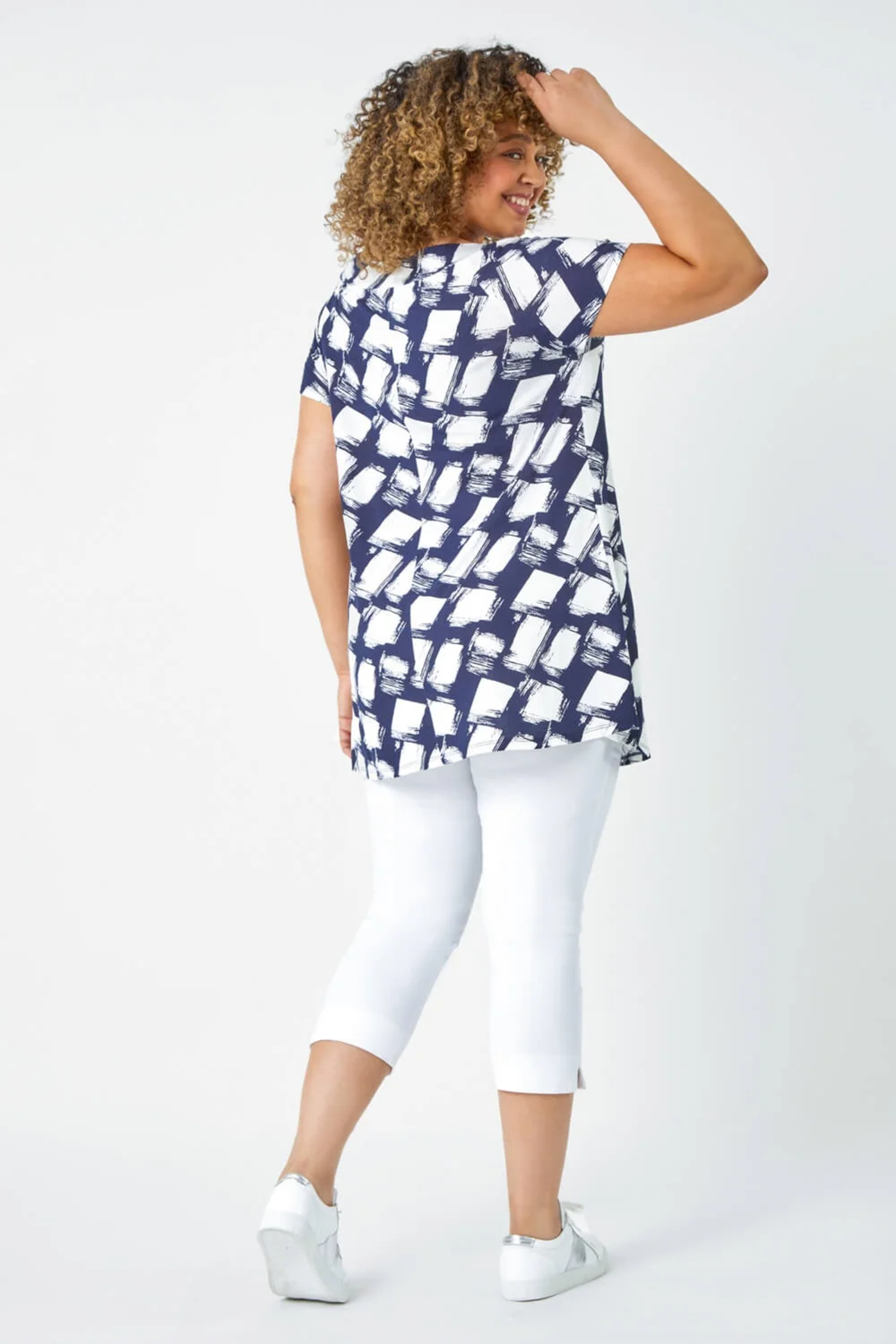 Roman Curve Navy Geometric Print Stretch Bardot Top - 16 Image 3