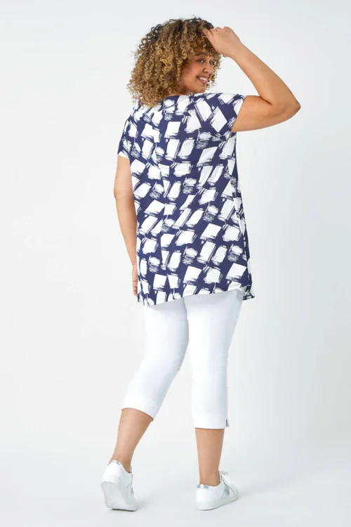 Roman Curve Navy Geometric Print Stretch Bardot Top - 16 Image 3