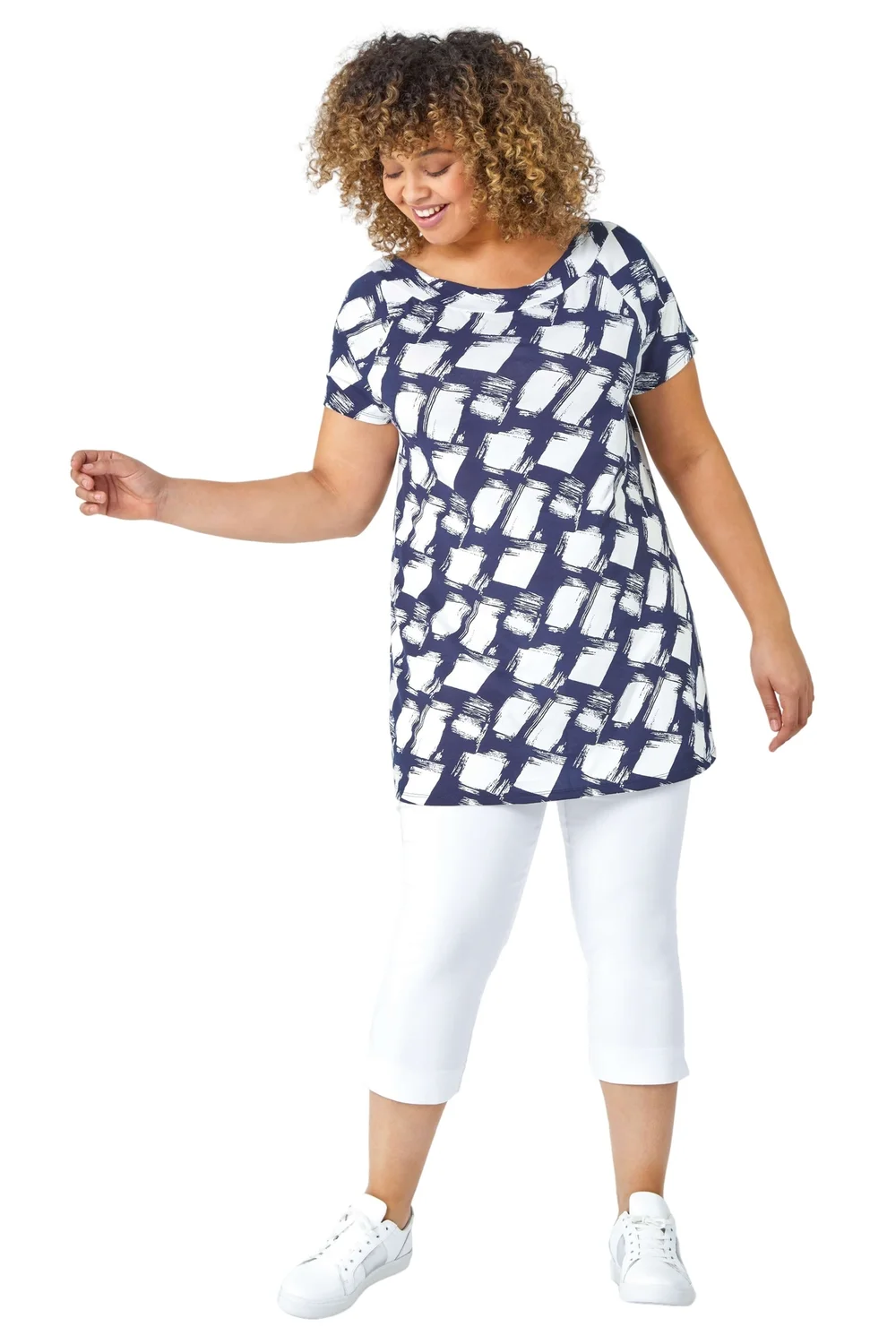 Roman Curve Navy Geometric Print Stretch Bardot Top - 16 Image 1