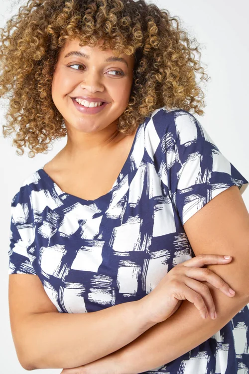 Roman Curve Navy Geometric Print Stretch Bardot Top - 16 Image 4