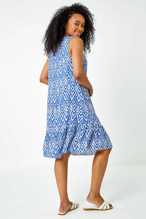 Roman Petite Blue Petite Aztec Print Frill Hem Shift Dress - 6 Image 3