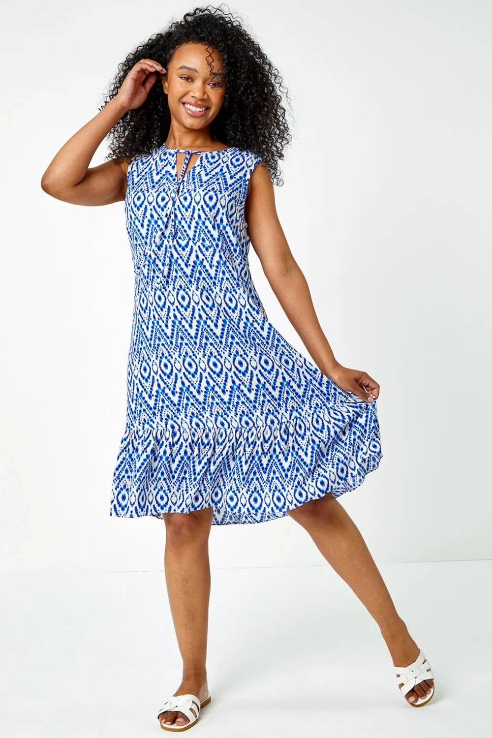 Roman Petite Blue Petite Aztec Print Frill Hem Shift Dress - 6 Image 2