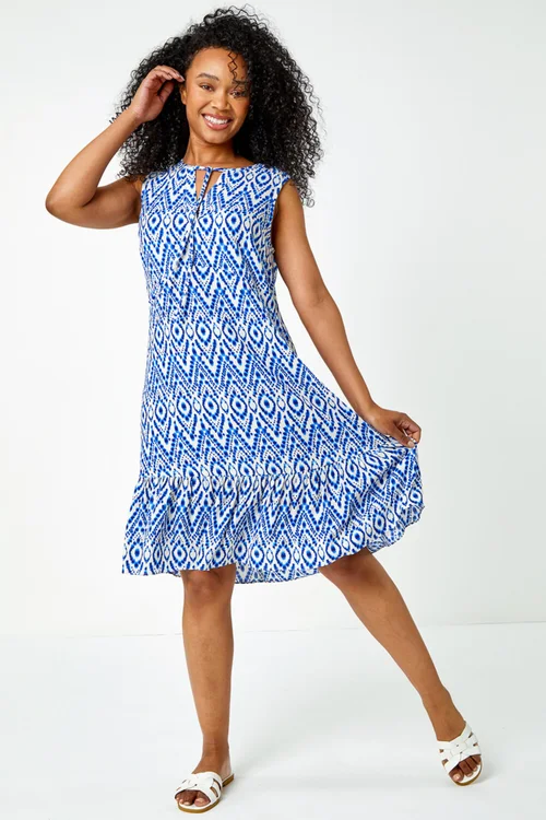 Roman Petite Blue Petite Aztec Print Frill Hem Shift Dress - 6 Image 2