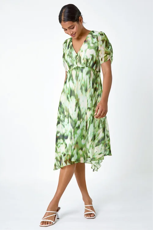 Roman Green Abstract Chiffon Hanky Hem Asymmetric Dress - 10 Image 2