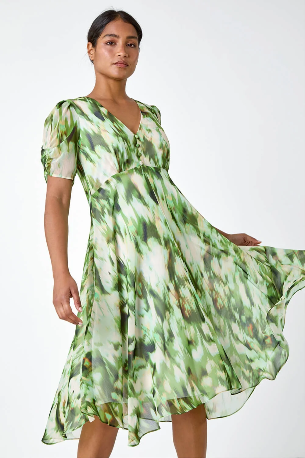 Roman Green Abstract Chiffon Hanky Hem Asymmetric Dress - 10 Image 1