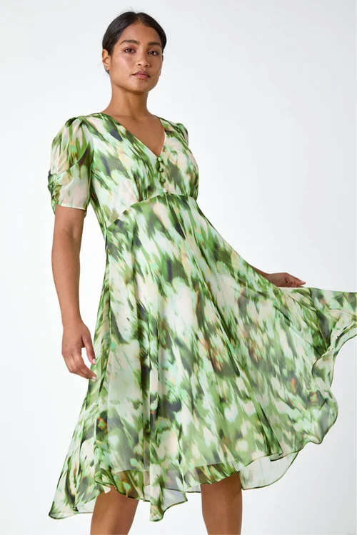Roman Green Abstract Chiffon Hanky Hem Asymmetric Dress - 10 Image 1