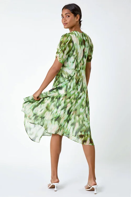 Roman Green Abstract Chiffon Hanky Hem Asymmetric Dress - 10 Image 3