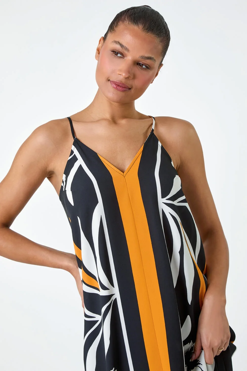 Roman Orange Floral Border Print Strappy Trapeze Dress - 12 Image 4