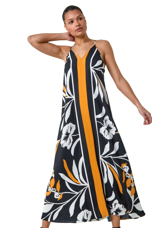 Roman Orange Floral Border Print Strappy Trapeze Dress - 12 Image 2