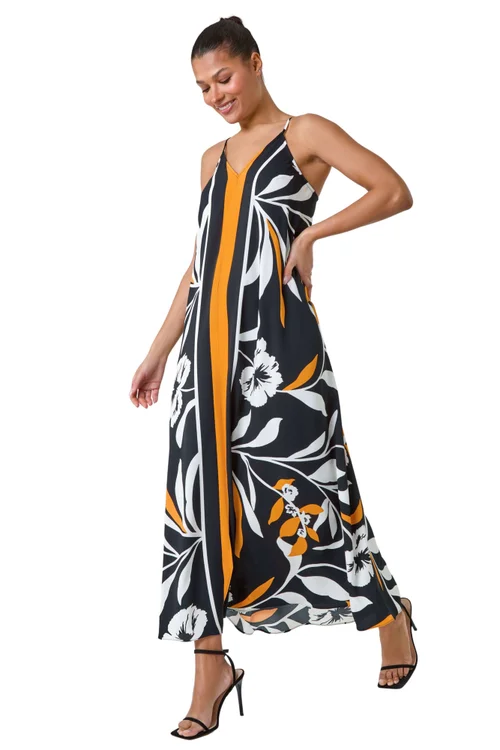 Roman Orange Floral Border Print Strappy Trapeze Dress - 12 Image 1