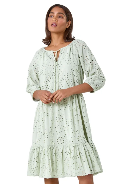 Roman Sage Cotton Broderie Tiered Smock Dress - 24 Image 2