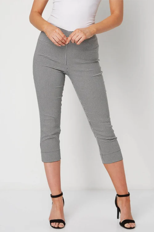 Roman Black Gingham Elastic Waist Stretch Cropped Trouser - 10 Image 3