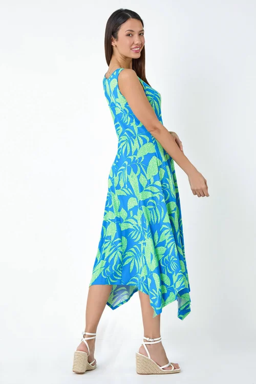 Roman Turquoise Tropical Print Pleated Maxi Asymmetric Dress - 18 Image 3