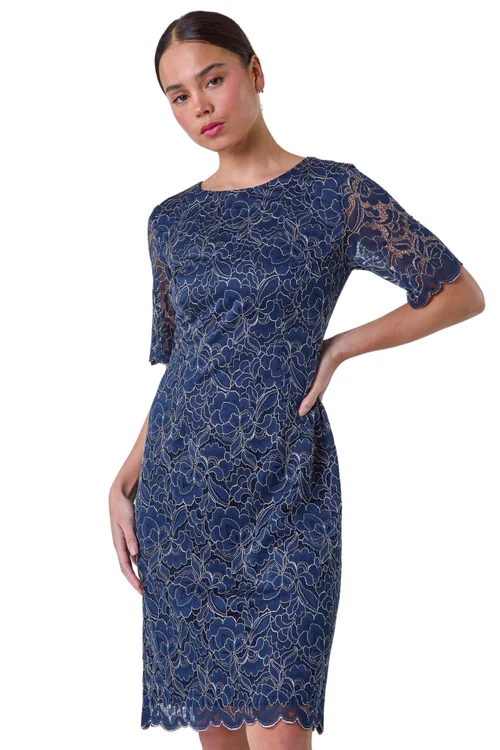 Roman Petite Navy Lace Overlay Shift Dress - 12 Image 1