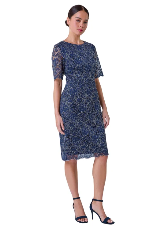 Roman Petite Navy Lace Overlay Shift Dress - 12 Image 2