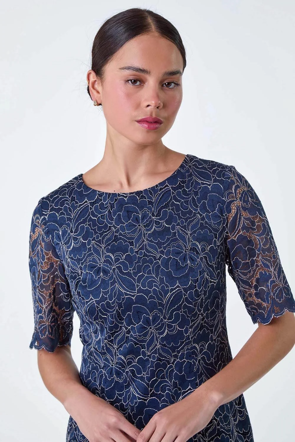Roman Petite Navy Lace Overlay Shift Dress - 12 Image 4