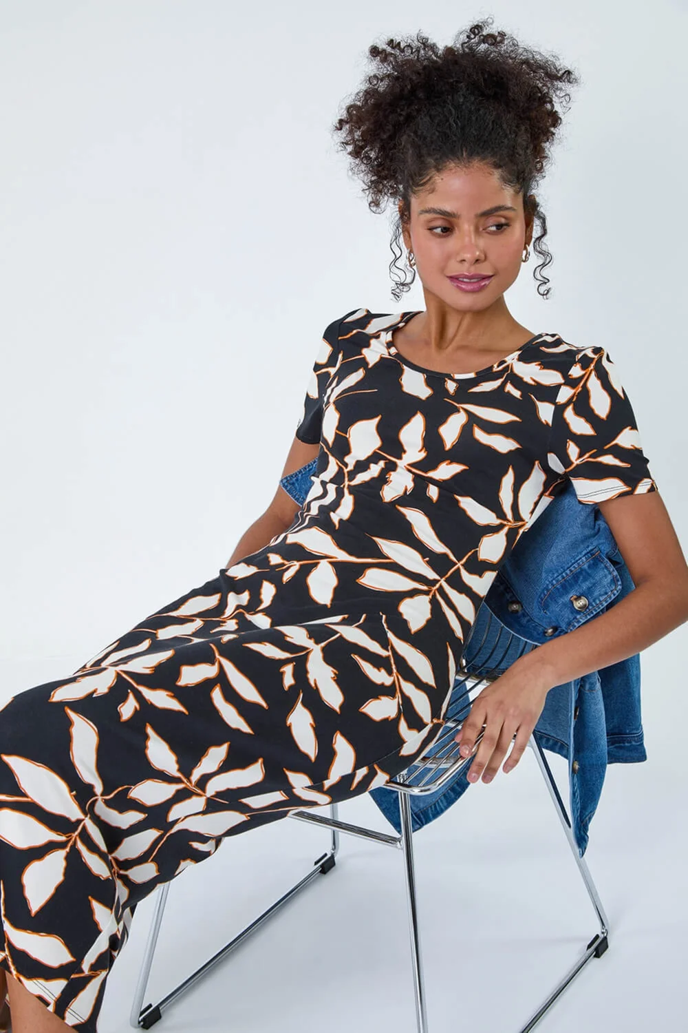 Roman Dusk Black Leaf Print Midi Stretch Dress - 8 Image 3