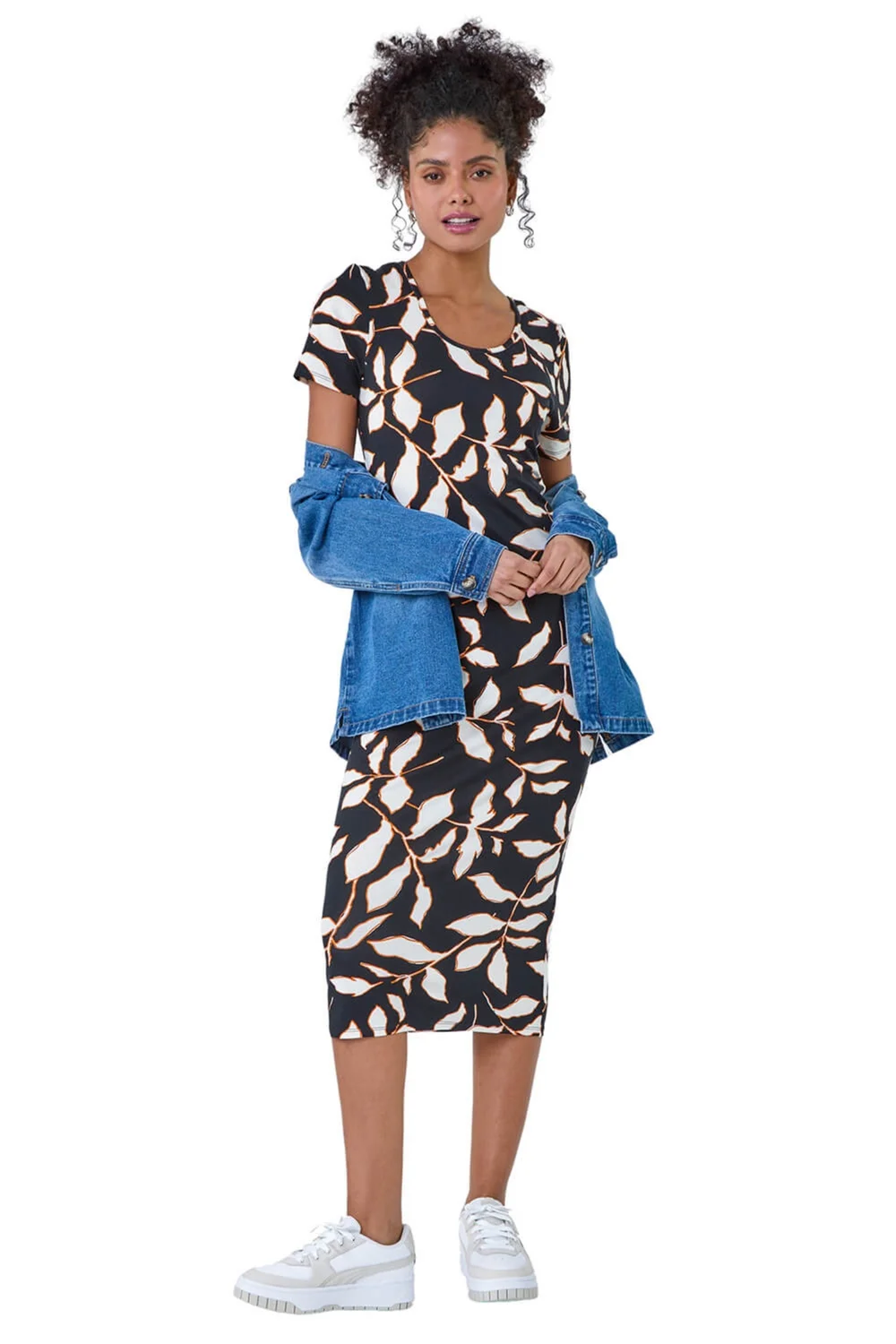Roman Dusk Black Leaf Print Midi Stretch Dress - 8 Image 2